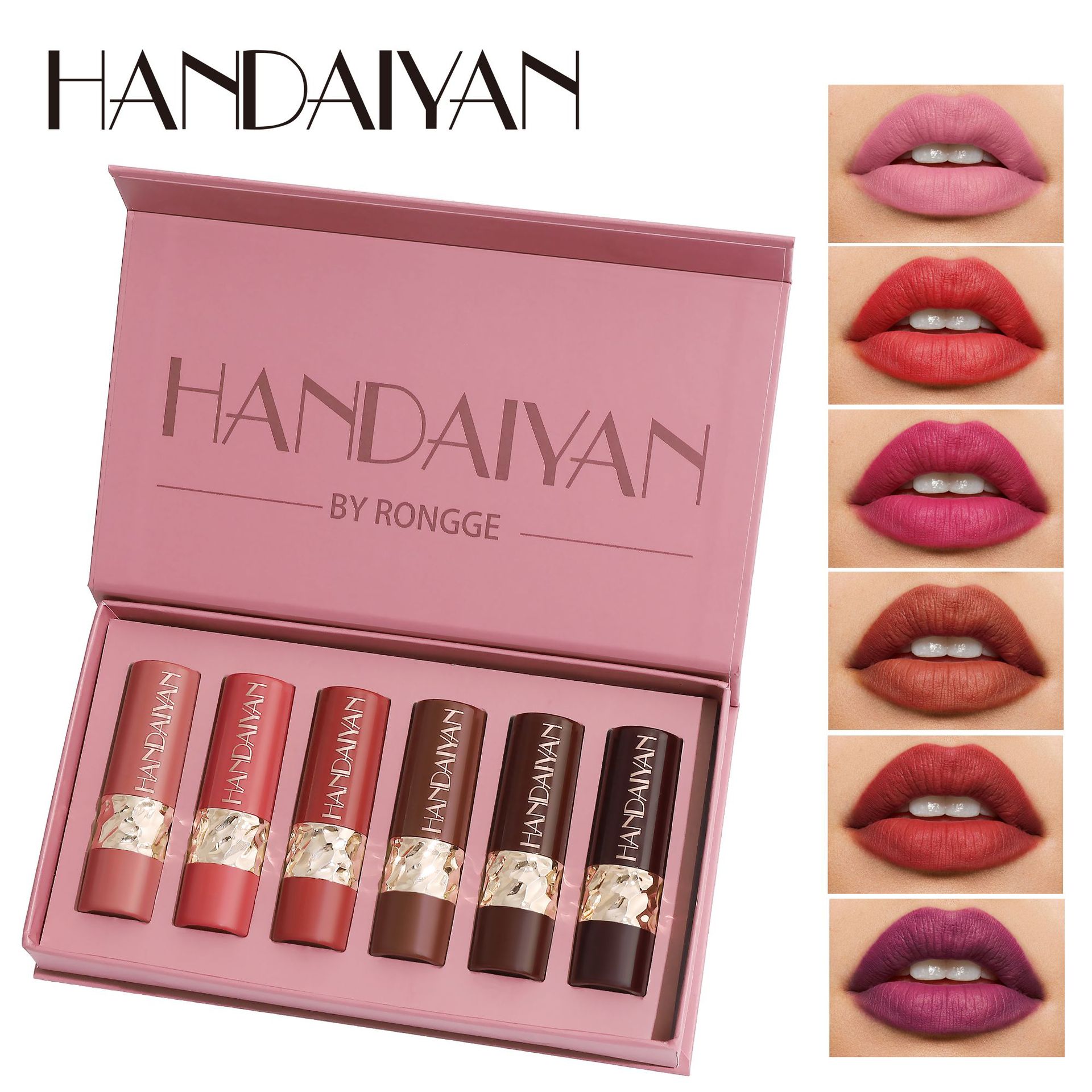 Transfronterizo seis conjuntos de lápiz labial mate HANDAIYAN Europa y los Estados Unidos impermeable fácil de colorear caja de lápiz labial