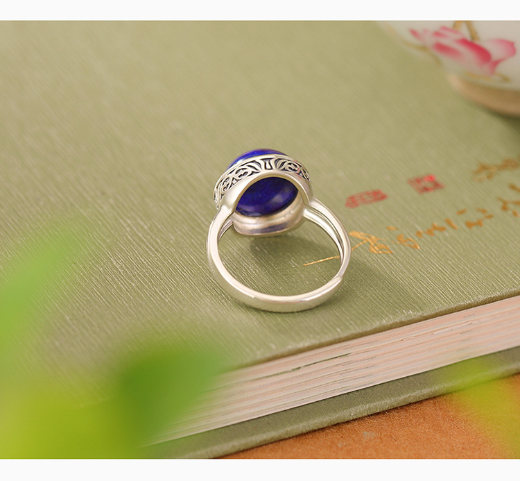 Nhẫn bạc S925 đính đá Lapis Lazuli họa tiết hoa văn cổ điển phong cách dân tộc — Mở một size chi tiết 3