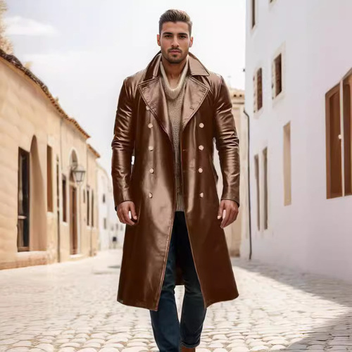 Spring and Autumn Men's PU Leather Coat Western Plus Size Medium Long Windbreaker Double Breasted Leather Jacket German Military Style