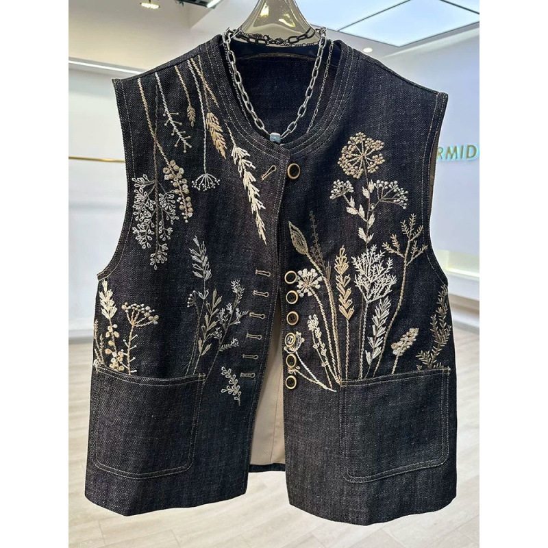 유럽 복고풍 중공업 자수 데님 조끼 여성용 민소매 재킷 2025 새로운 디자인 틈새 조끼