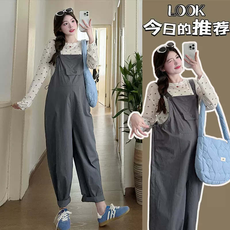 孕妇裤子2024秋季新款韩版简约宽松休闲可调节背带裤+蝴蝶结上衣