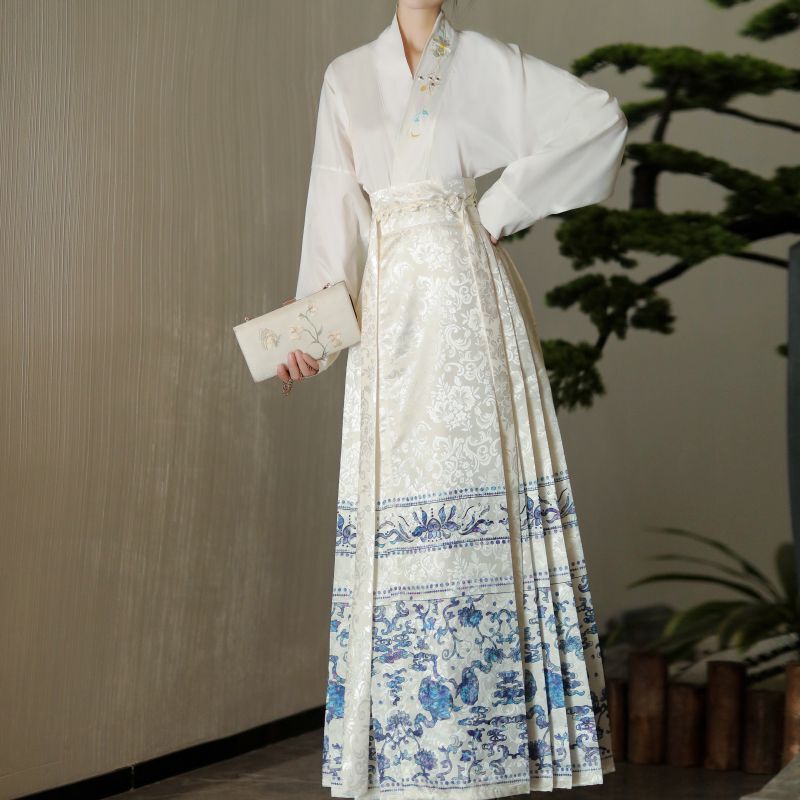 Hanshang New Blue and White Ming Style Hanfu Women's Spring and Summer Chinese Style Horse Face Skirt Aircraft Sleeve for Daily Office