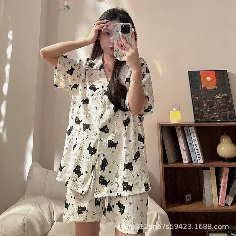 云朵棉短袖睡衣女夏季简约桃心印花夏天可外穿家居服套装跨境批发|undefined