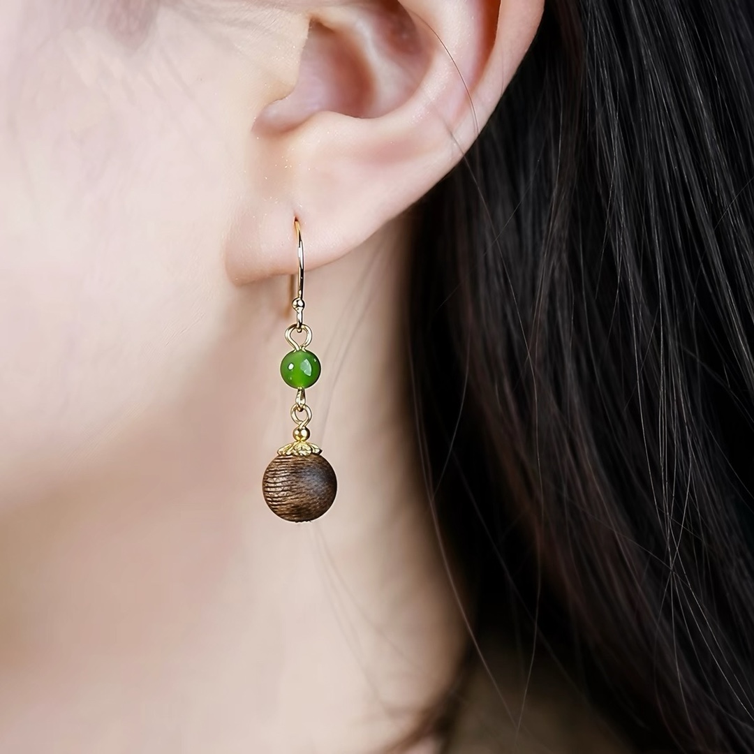 Natural Qinan Agarwood Tassel Wooden New Chinese Style Hetian Jade Ancient Style Earrings and Ear Accessories