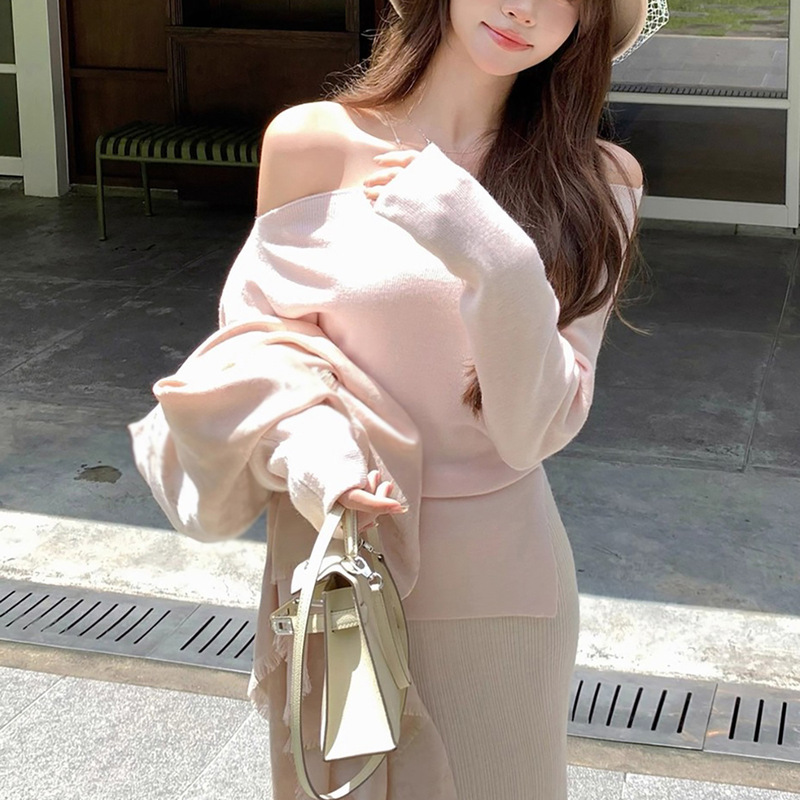 慵懒步调 羊毛蝙蝠袖斜肩针织衫上衣女|undefined