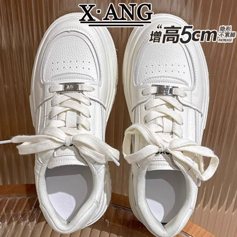 White shoes, footwear, universal breathable sneakers platform for leisure, genuine leather, trend of season