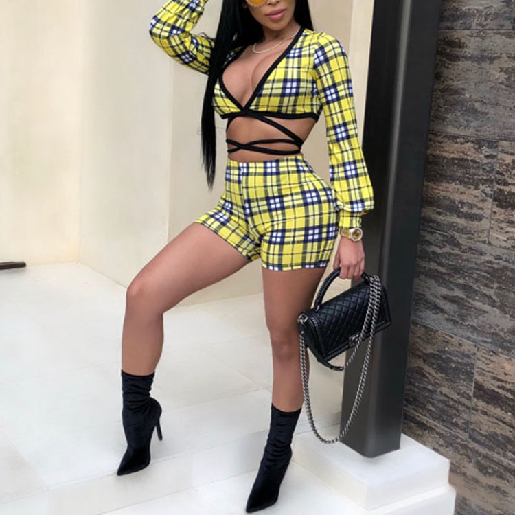 Sexy Strappy Plaid Long-Sleeved Top & Shorts 2 Piece Set NSMYF99311