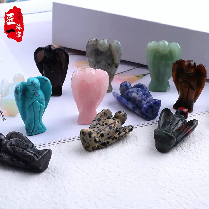 粉晶天使东陵玉石摆件半宝石水晶雕刻件工艺品家居摆饰