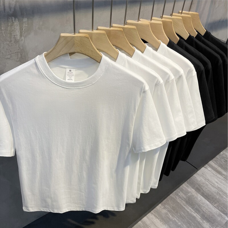 Heavy Cotton Summer Trendy Solid Color Pure White Loose All-match Half-sleeved Short-sleeved T-shirt Men's and Women's Base Top Round Neck Heavy Cotton Summer Trendy Solid Color Pure White Loose All-match Half-sleeved Short-sleeved T-shirt Men's and Women's Base Top Round Neck