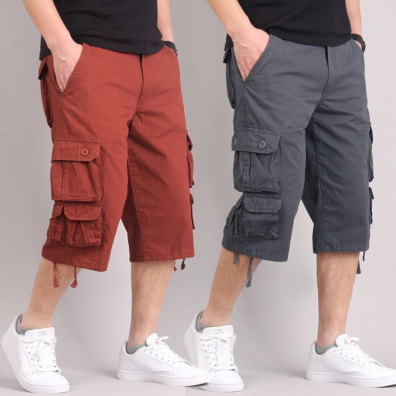 Summer Men's Multi-Pocket Casual Cropped Pants, Youth Cargo Shorts, Pure Cotton Loose Thin Mid-Length Pants