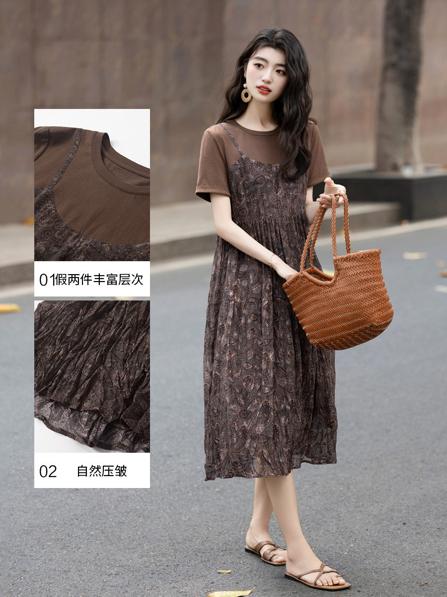 Đầm suông midi họa tiết hoa nhỏ phong cách Pháp, thiết kế giả hai lớp chữ A — màu cà phê
