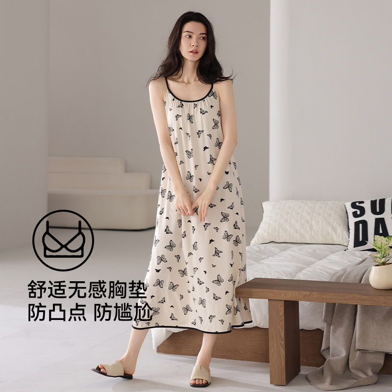 胸パッド付き女性用モーダルサスペンダーナイトガウン、夏用涼しい薄手のパジャマドレス、ゆったりとしたホームウェアとして着用できます。|undefined