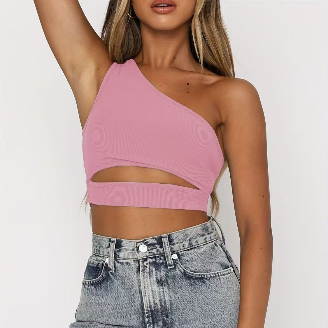 Europa y los Estados Unidos nuevos chalecos de punto casuales de color sólido de mujer sexy ultra corto de hombro inclinado chaleco pequeño de moda