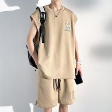 t恤套装男夏季小众设计感无袖背心短裤休闲运动大码男装