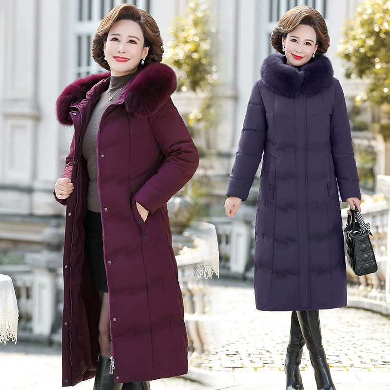 Long winter velvet down jacket, maxi length, increased thickness, duck down, for middle age