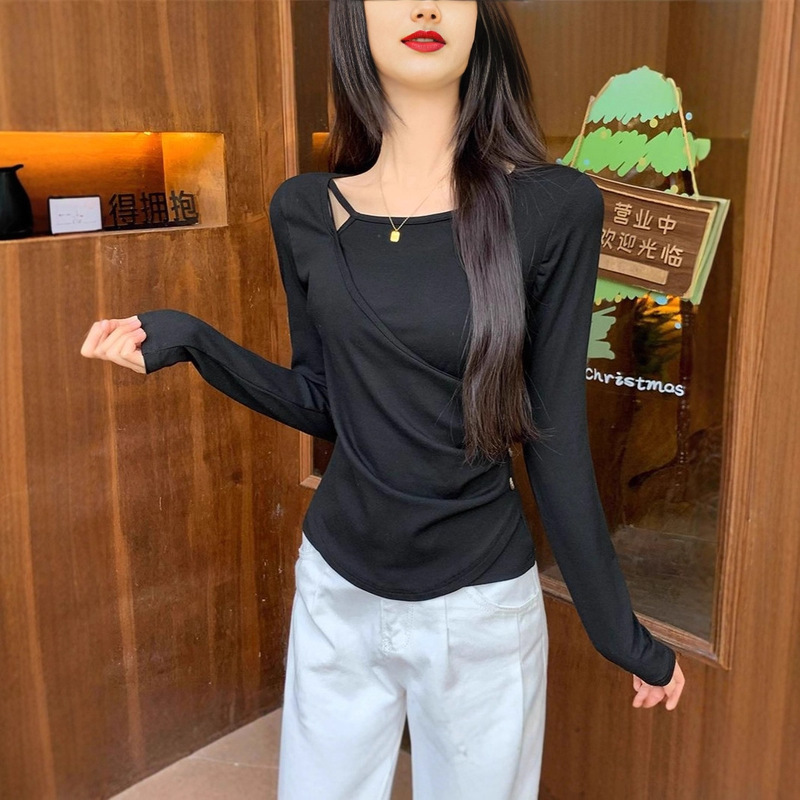 2025 New Style Small Fragrant Pleated Waist Asymmetrical Long-Sleeved T-Shirt Women's Autumn High-End Unique and Exquisite Top