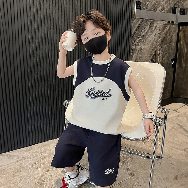 Summer New Boys' T-Shirt Korean Style Letter Patchwork Sleeveless Pique Children's Set Vest Top and Knee-Length Pants