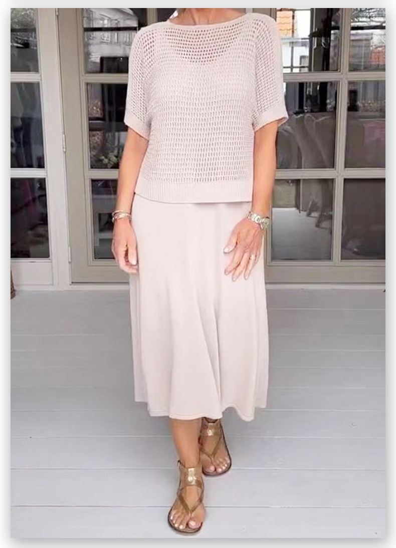 Cross-Border New Hollow Casual Solid Color Round Neck Knitted Sweater European And American Style Dress Set_ecoleips.com