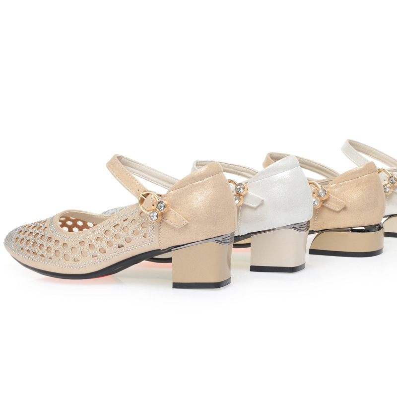 Sandal nữ quai ngang da thật lỗ thoáng mũi kín gót 4.5 cm — Vàng【Gót trung 4.5cm】