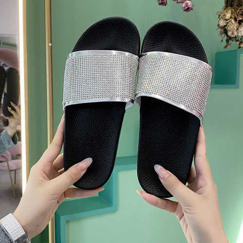 Cross-border fashion slippers Europe and the United States hot-selling new rhinestone color women's slippers thick sole comfortable versatile beach shoes wholesale