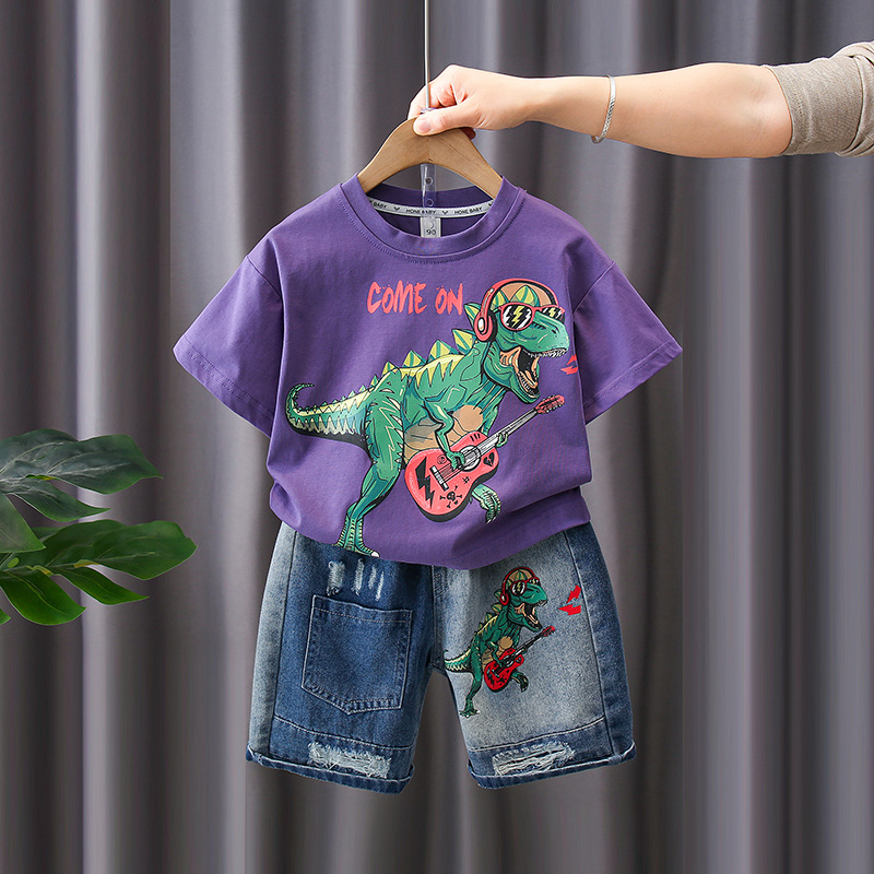 7187 Traje de verano para niños Pantalones cortos de mezclilla de manga corta con estampado de letras para niños Traje de dos piezas Moda de verano para bebés