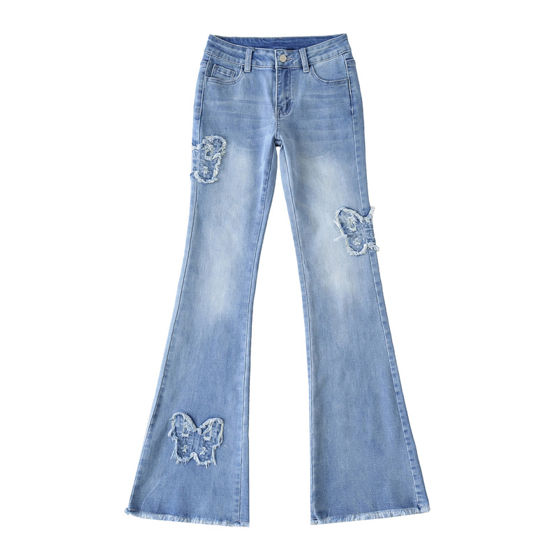Hot Girl Style Washed Light Blue High-Waisted Slimming Frayed Jeans for Women with Frayed Butterfly Decoration Retro Low-Waist Flared Pants