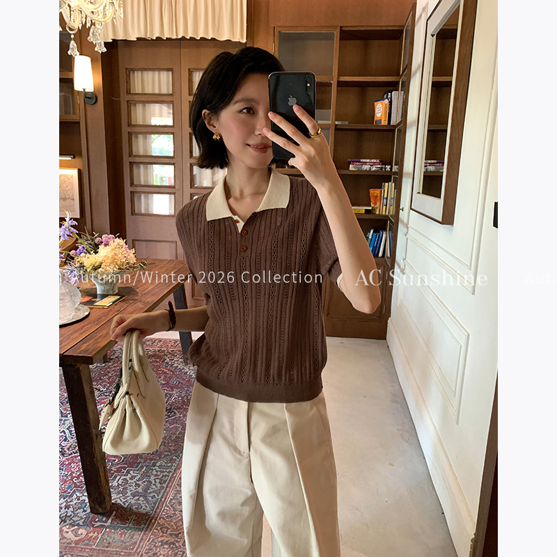 AC SUNSHINE Bamboo Joint Textured Two-Piece Color Block Polo Shirt Women's Commuter Casual T-Shirt Top 20021