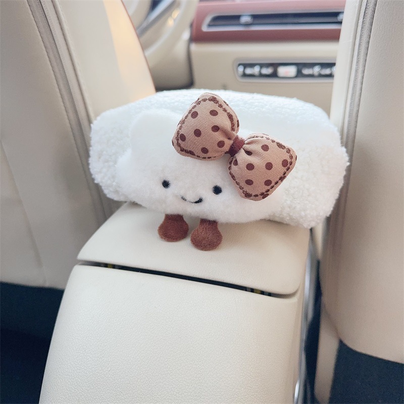 Qiao Le Jia Yuan Car-mounted Cloud Tissue Box Auto Interior Armrest Cute Tissue Bag (Car tissue box/set) - dark-brown-bow-white-cloud-armrest-tissue-box