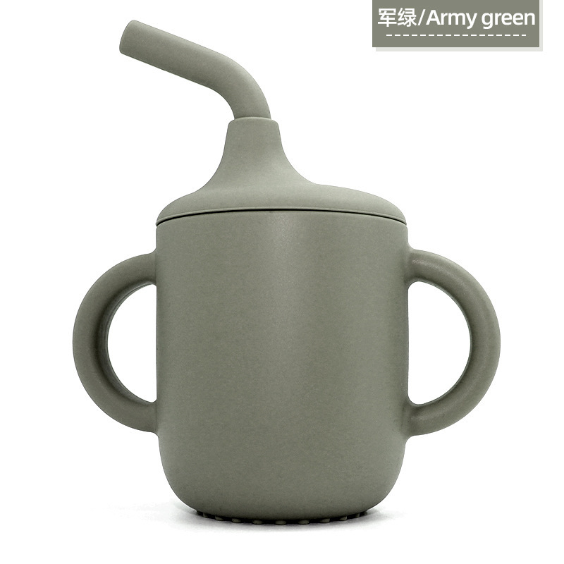 Taza de agua de silicona para niños, taza para aprender a beber, taza de agua con mango doble, taza de paja a prueba de caídas y fugas para bebés, taza de agua con dos orejas para beber directamente