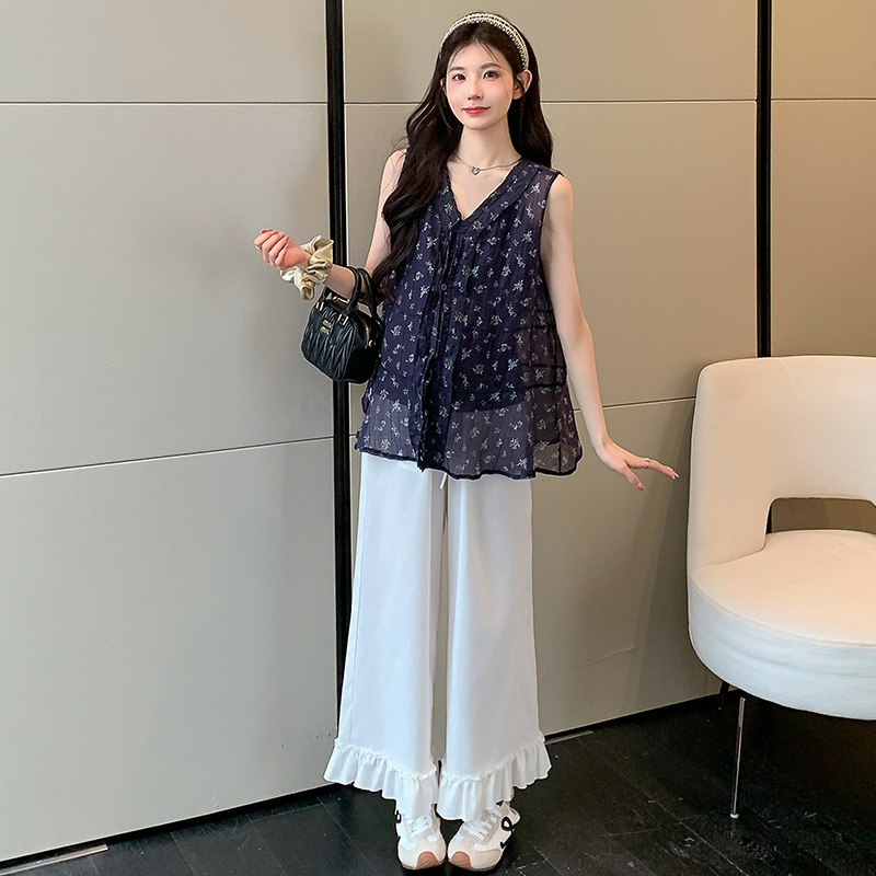 2025 verano nuevo estilo pequeño tirantes florales sin mangas top con volantes pantalones anchos durante el embarazo traje de maternidad