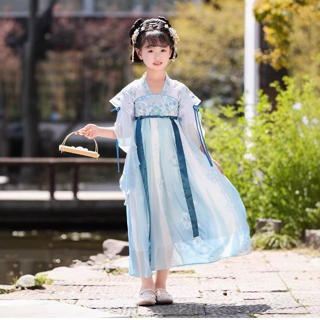 Детский костюм Ханфу для девочек 2025 года, новый, в стиле феи, древний китайский костюм, длинный рукав, весна-осень.
