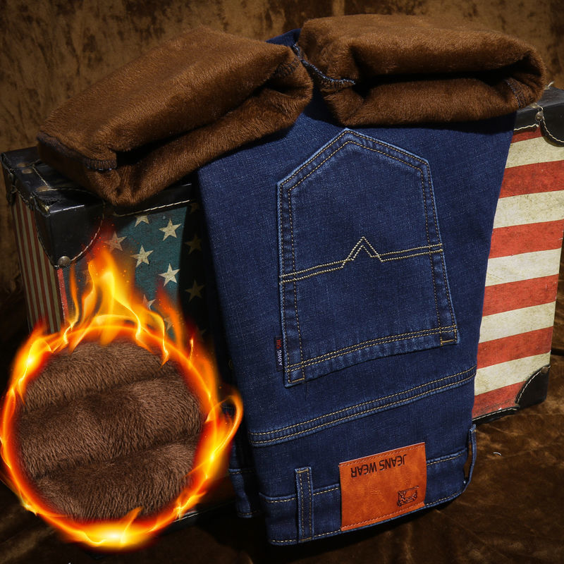 Otoño e invierno hombres más jeans gruesos de terciopelo hombres al por mayor pantalones de pierna recta sueltos de todo fósforo casuales pantalones de algodón cálidos y resistentes al desgaste hombres