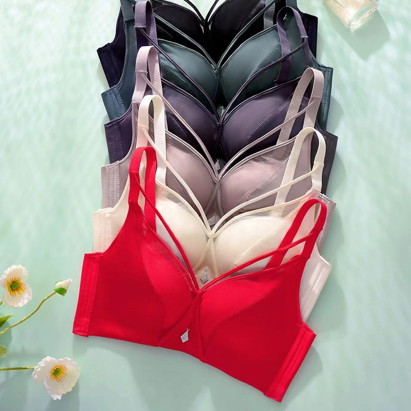 新品性感交叉帶內衣無鋼圈鏤空拼接柔軟網紗小胸聚攏文胸直播代發