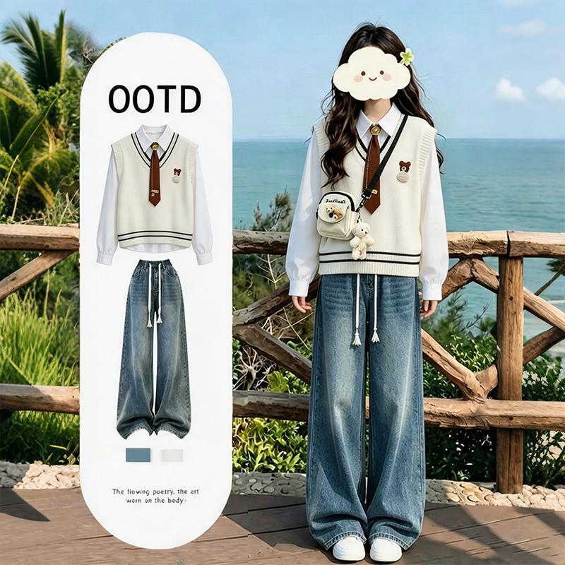 Autumn Women's Suit Set 2026: Popular College Style Fall Outfit for Petite Women - Vest, Shirt, and Jeans Set