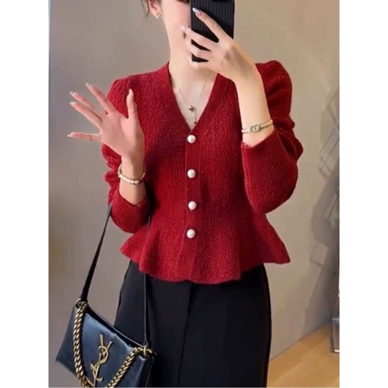 KANING Французский маленький аромат дизайн трикотажный кардиган женский 2025 осень зима новый жемчужный однобортный свитер женский