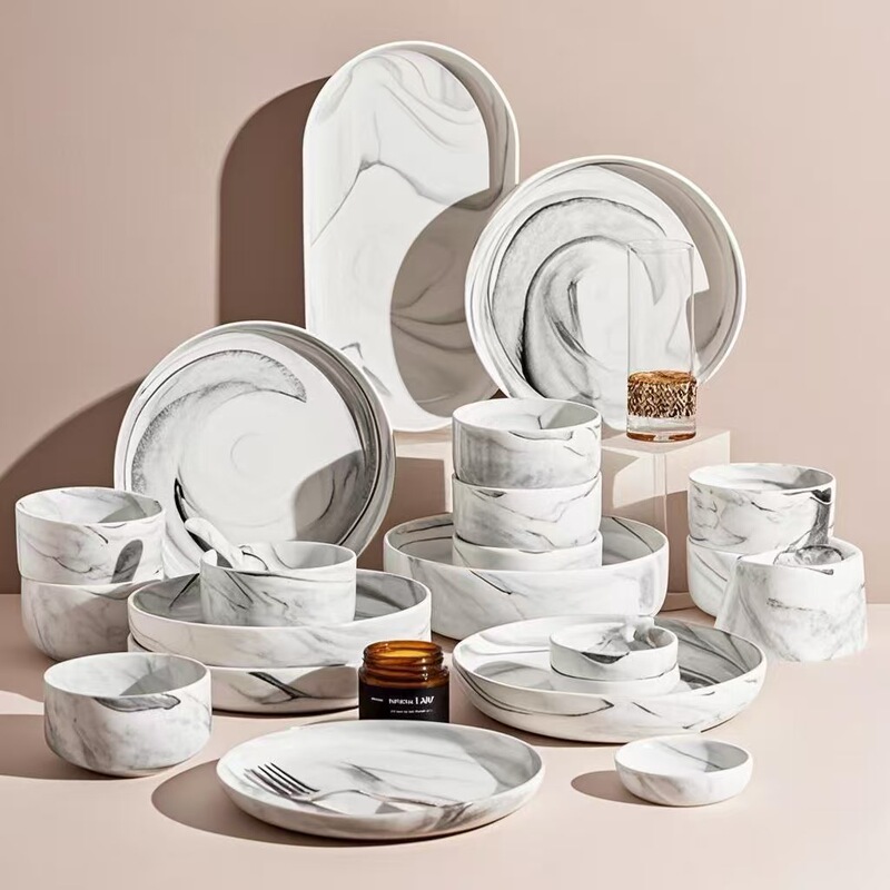 Cross-border Marble Pattern Ceramic Tableware suit Household Dishes and Plates Advanced Sense Rice Bowl Plate Soup Bowl Wholesale