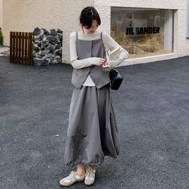 实拍工装穿搭一整套时尚套装女2026新款春秋通勤灰色半身裙三件套
