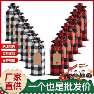 Christmas Plaid Cotton Wine Bottle Bag Set Christmas Red Wine Drawstring Pouch Wholesale in Stock