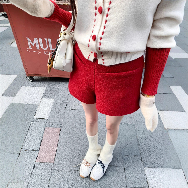 Earth Store Red Christmas Atmosphere Wear Woolen Wide Leg Pants Women's Autumn and Winter Easiest for Match A-Line Casual Shorts