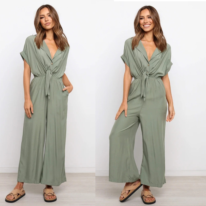 solid color V-neck loose lace-up jumpsuit NSOYL124075