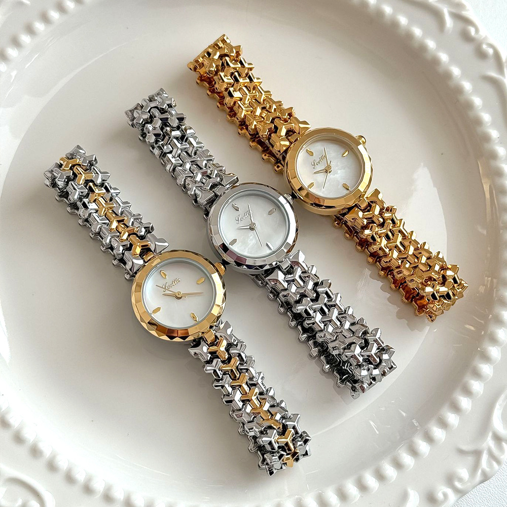 Scottie Damenuhr mit neuem Armband, Modell 9727, mit dem Motiv „Poetry Gaudí“, Perlmuttzifferblatt und Stahlarmband_voghion.com