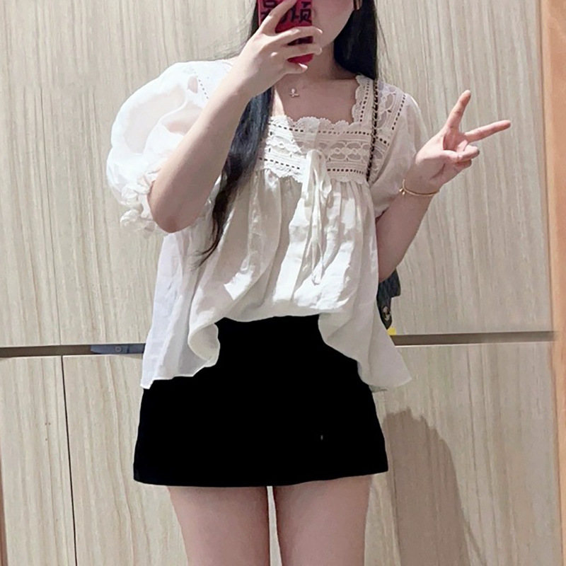 [Miss Petty] Ramie French Lace Love Sleeve Hollow Embroidered Shirt