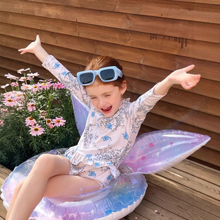 Children's Fashionable Printed Swimsuit 2025 Summer New Girls One-Piece Swimsuit Sun Protection Ruffled Long-Sleeved Swimsuit