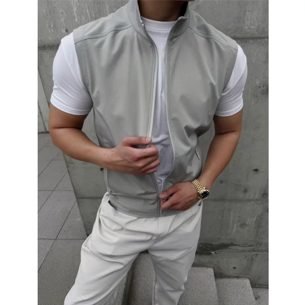 Men's Slim Fit Vest Quick Drying Breathable Sports Casual Zipper Sleeveless Top Lightweight Outdoor Summer Solid Color Stand Collar_viptrois.com