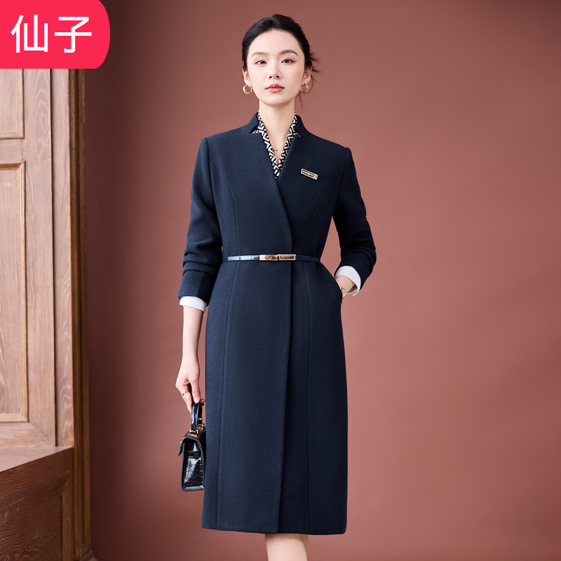 2025秋冬装长款职业西装外套女藏青色面试气质风衣工作服装大衣