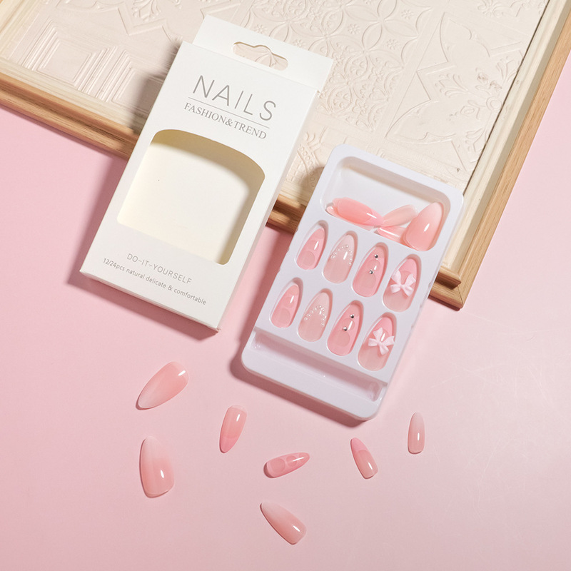 24 Pieces of Simple Pearl Bow Decorated Almond Wearable Nails, Beautiful and Cute Fake Nails Ins Same