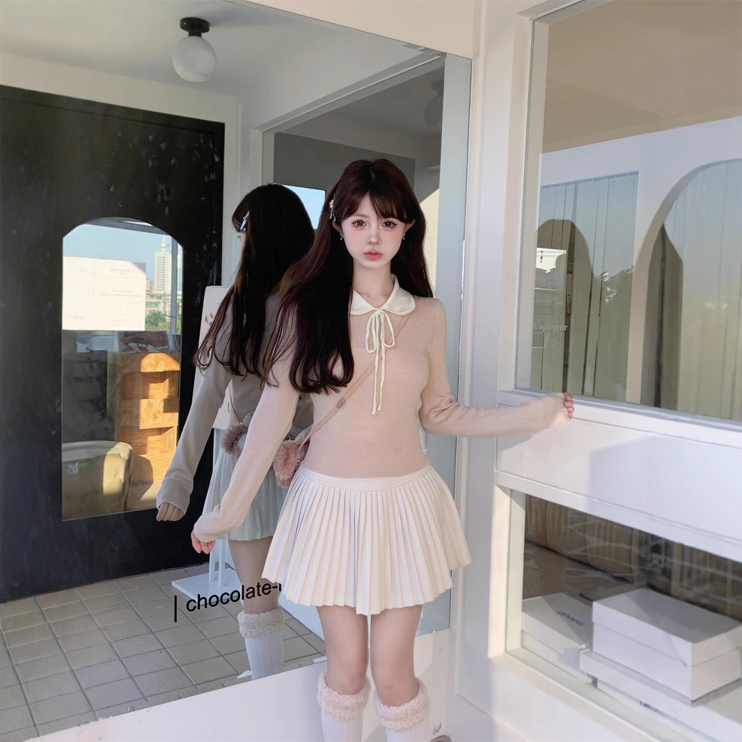한국식 핑크 인형 칼라 긴팔 니트베이스 셔츠 여성용 가을 세련된 슬림 핏 스웨터 쇼트 스위트 탑