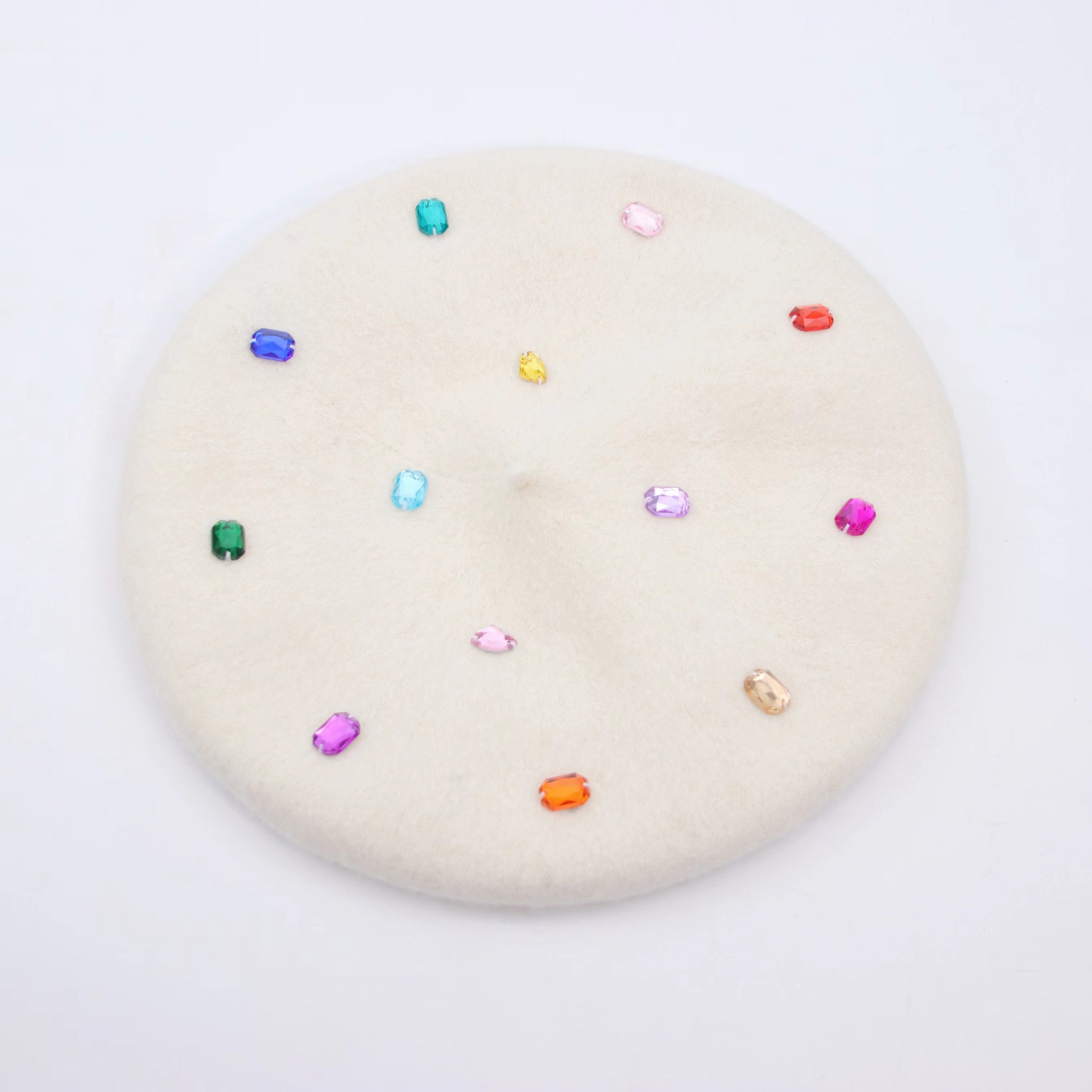 Retro Fashion Big Head Circumference Cloud Cap Color Rhinestone Wool Beret