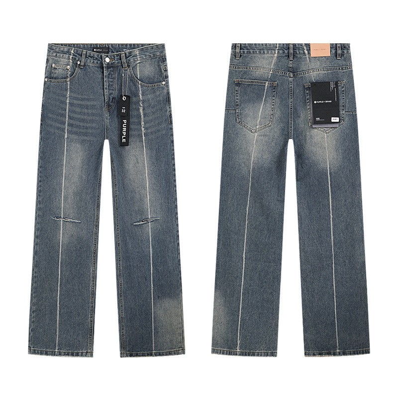 高品质PURPLE&AMIRI牛仔裤美式Jeans高街破洞补丁嘻哈直筒长裤男|undefined