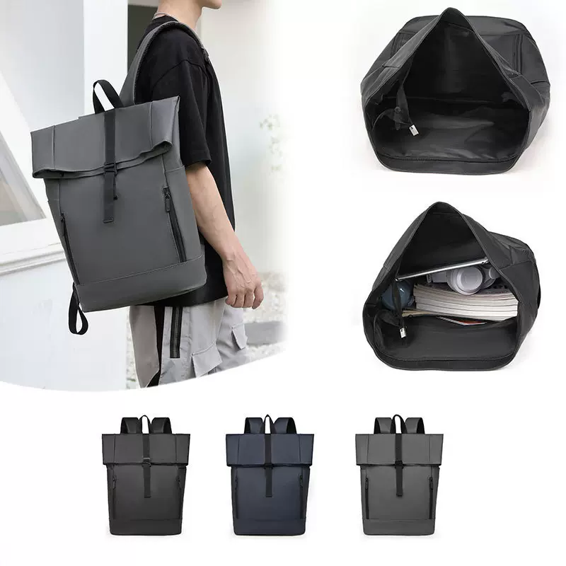 亚马逊跨境欧美货源黑色卷口书包都市简约商务卷盖皮膜双肩包男包